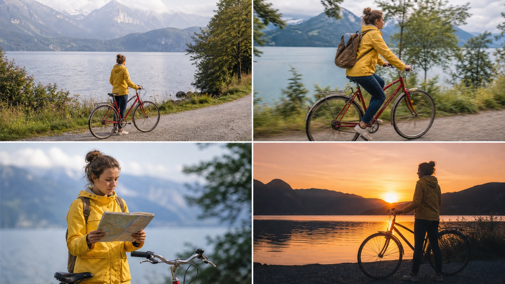 Four finished frames from one simple travel story, preserving the same rider, bicycle, location, and visual progression