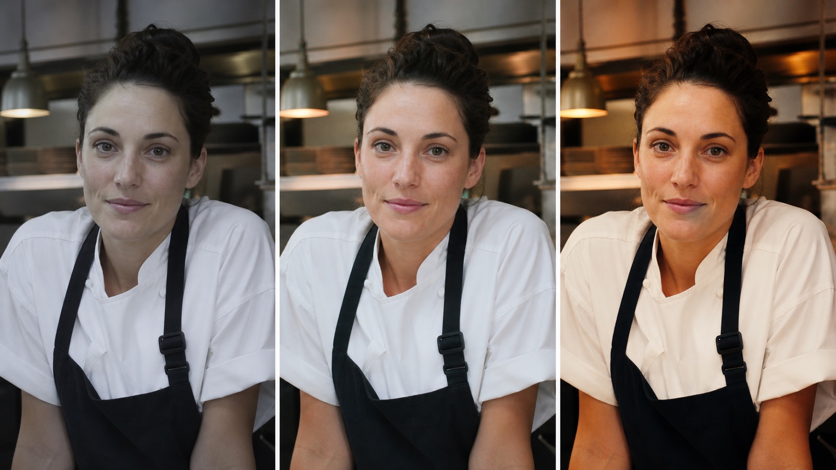 The same restaurant portrait shown as flat footage, a neutral correction, and a warm cinematic grade