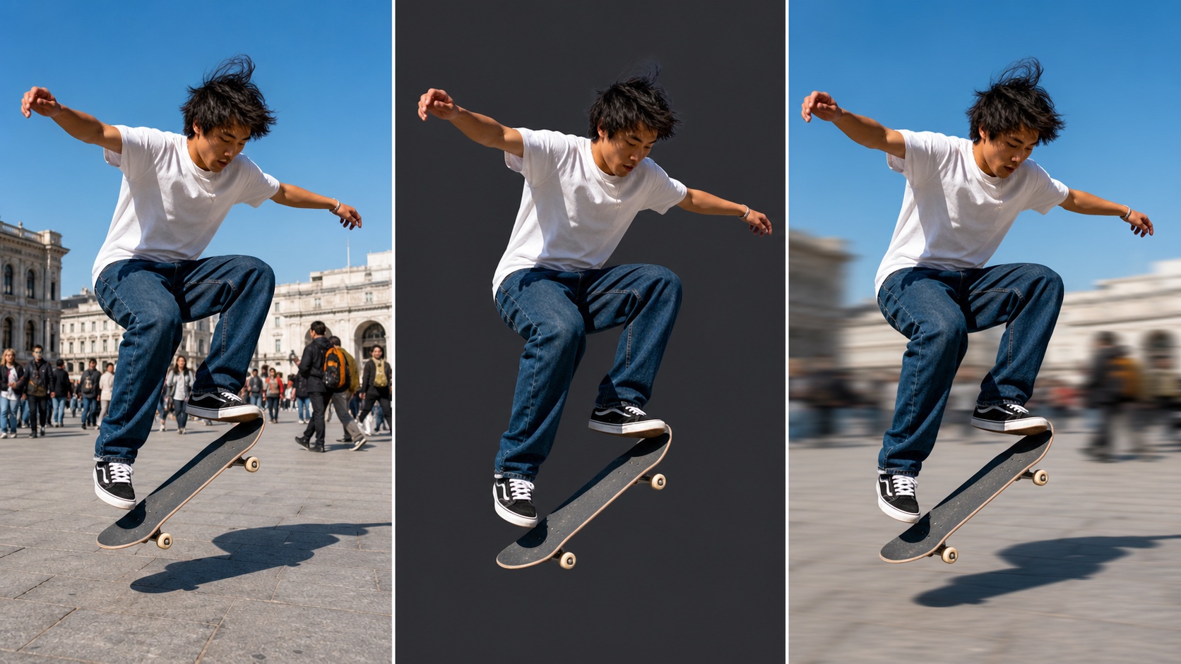 A skateboarder shown in the original frame, isolated as a clean subject mask, and finished over a motion-blurred crowd