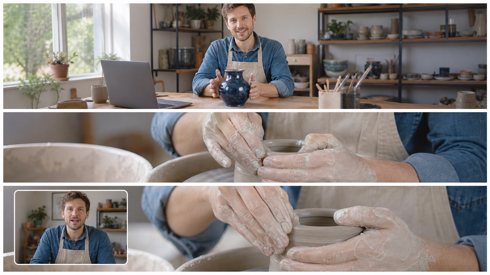 A completed pottery tutorial sequence with a presenter, close-up demonstration, and picture-in-picture finish