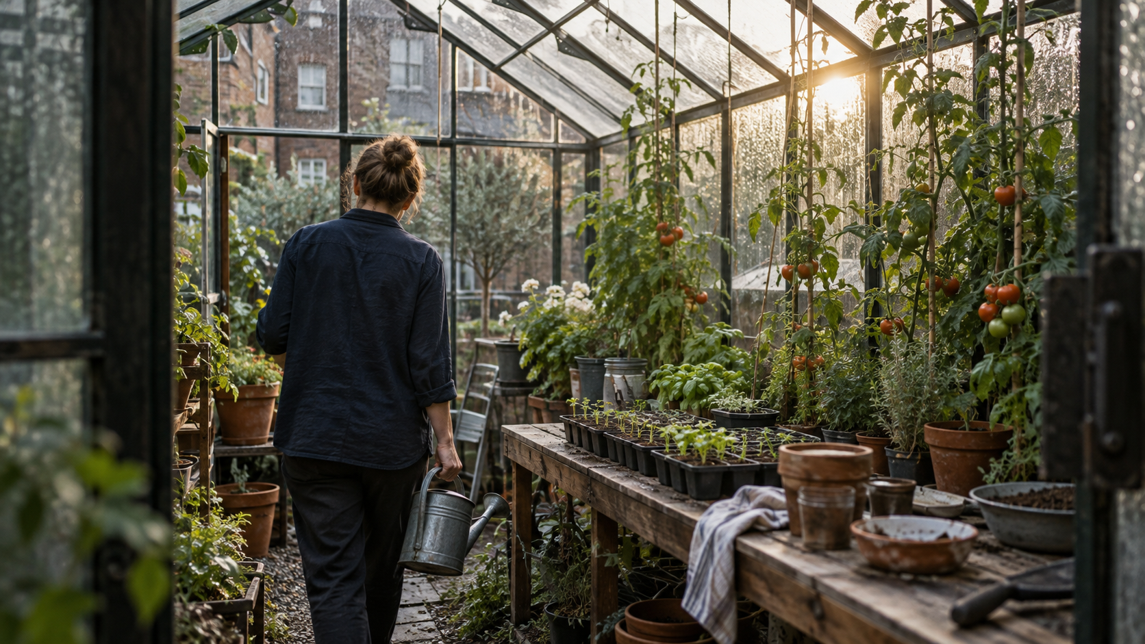 A gardener enters a small urban greenhouse with a watering can and seed trays