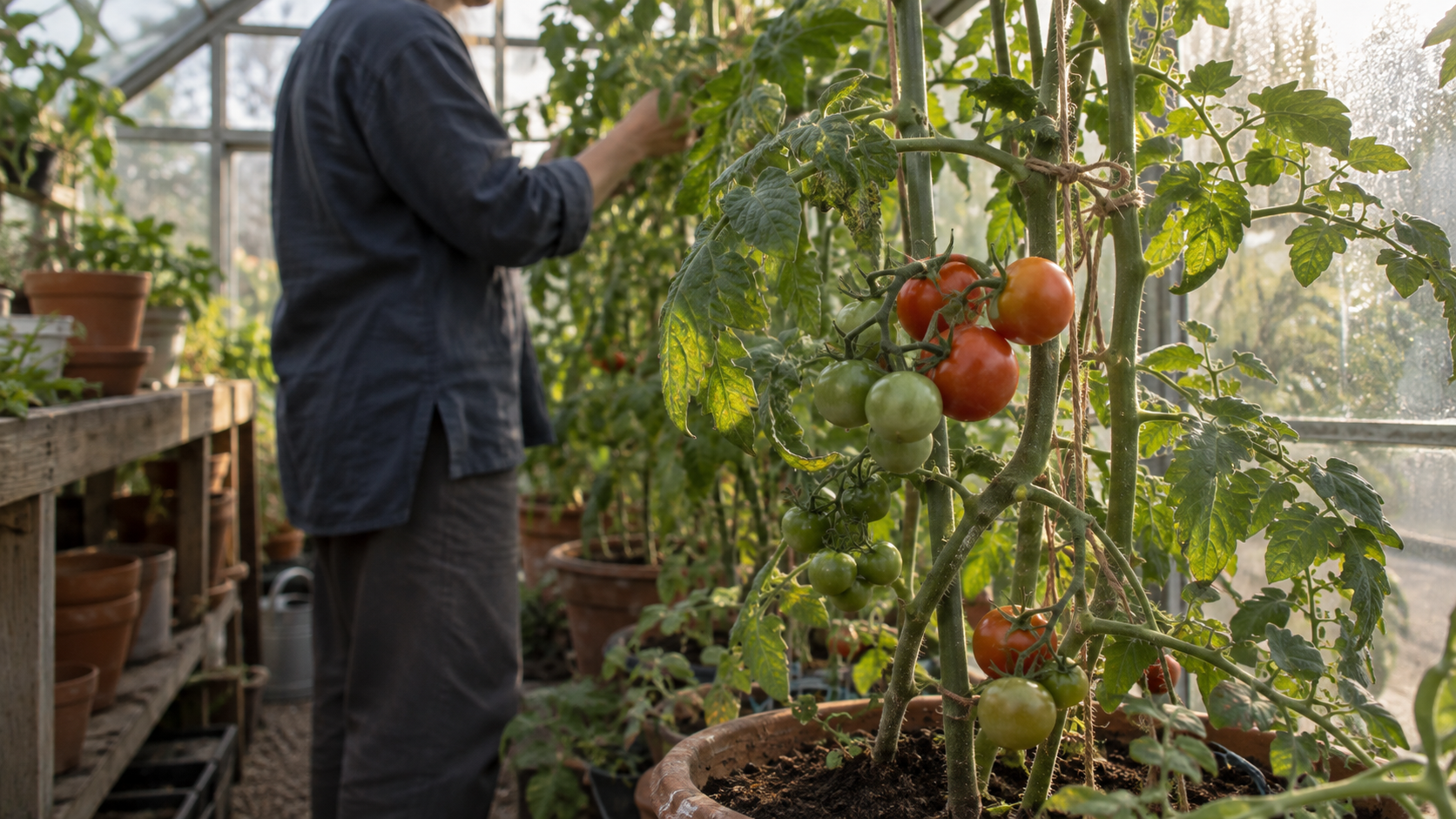 Tomato vines grow against the same greenhouse glass while the gardener tends leaves
