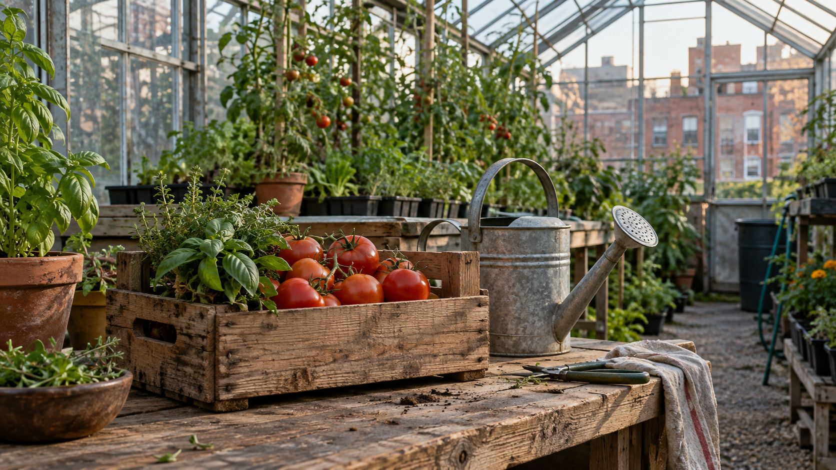A crate of tomatoes and herbs sits on the greenhouse table at the end of the visual story