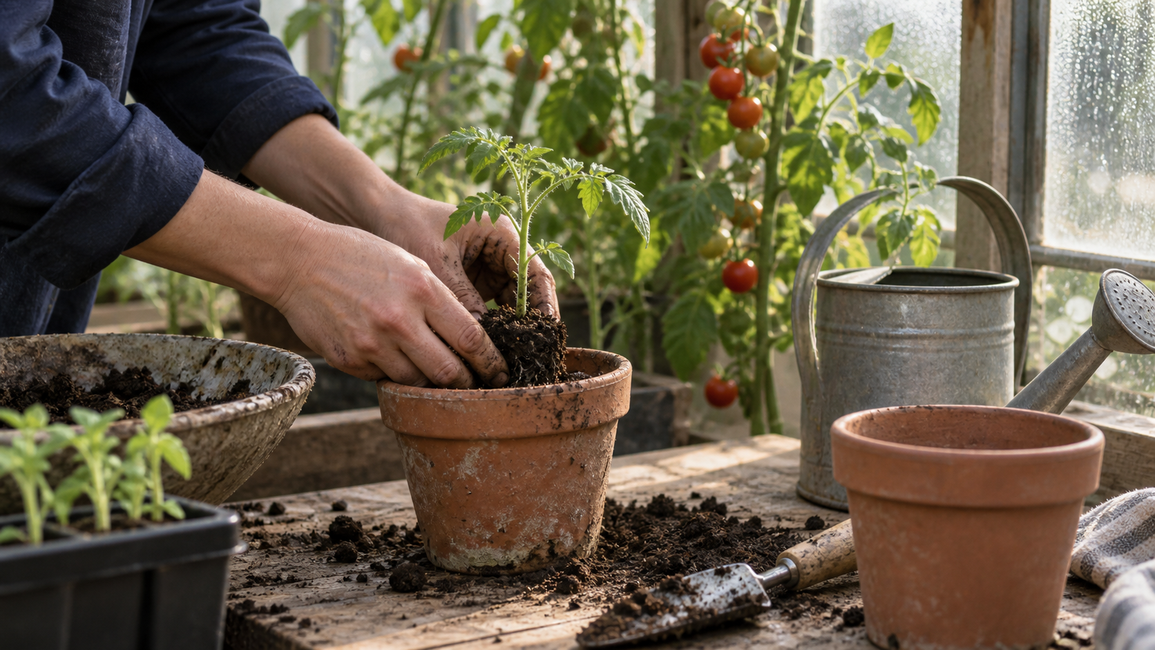 Hands move a tomato seedling into a terracotta pot on the greenhouse worktable