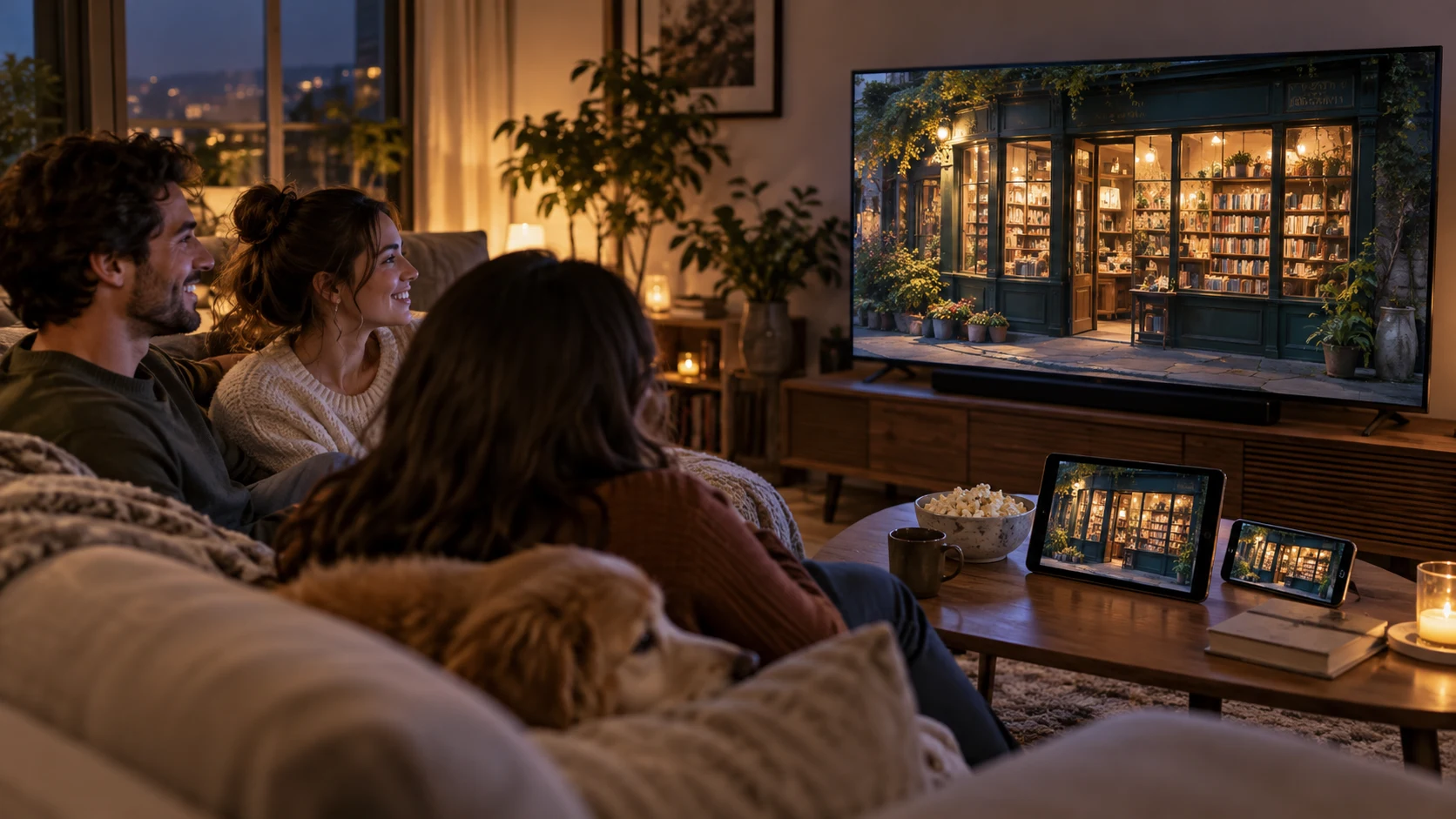 친구들이 TV, 태블릿, 스마트폰 등 다양한 형식으로 완성된 서점 이야기를 시청하는 장면