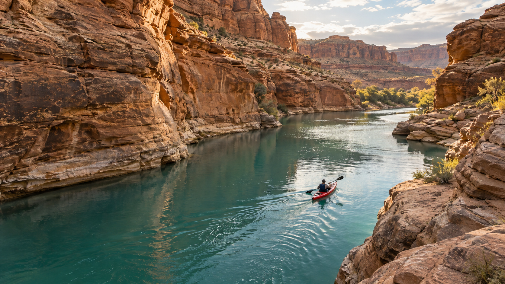 Le kayak continue vers un virage ensoleillé à l’intérieur du canyon