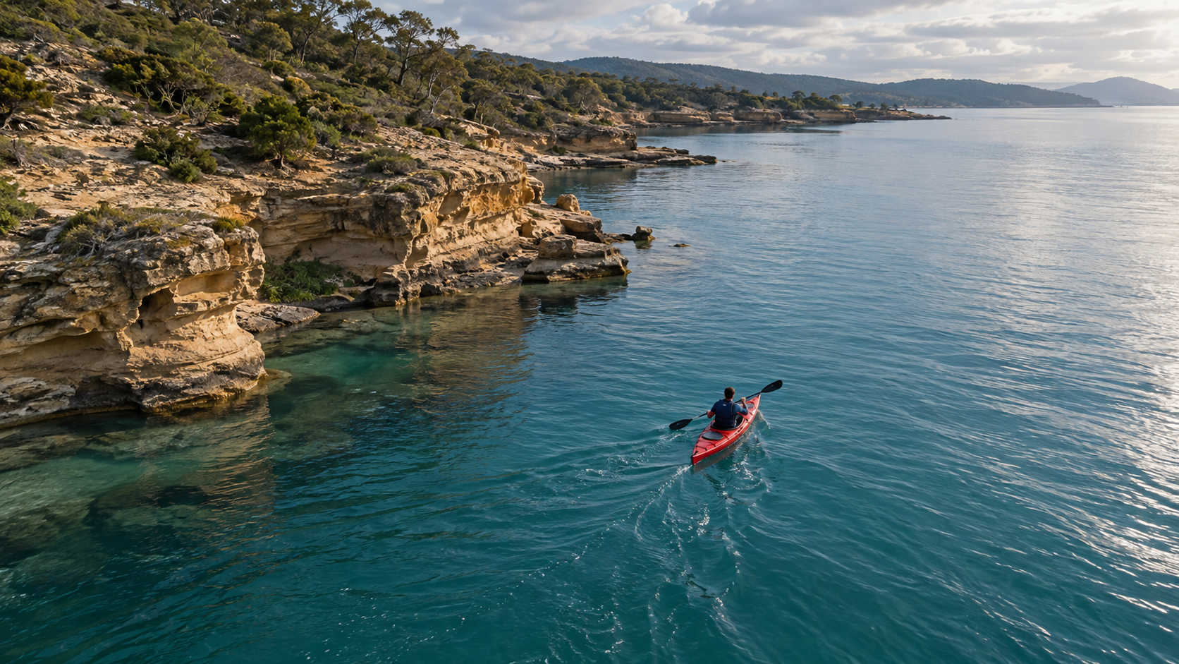Le même kayak rouge progresse le long d’un rivage bas en grès