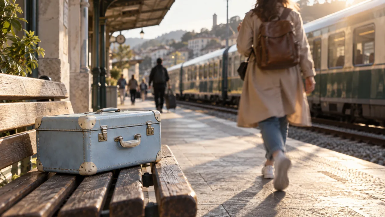 A pale-blue vintage suitcase on a railway-platform bench before an object swap