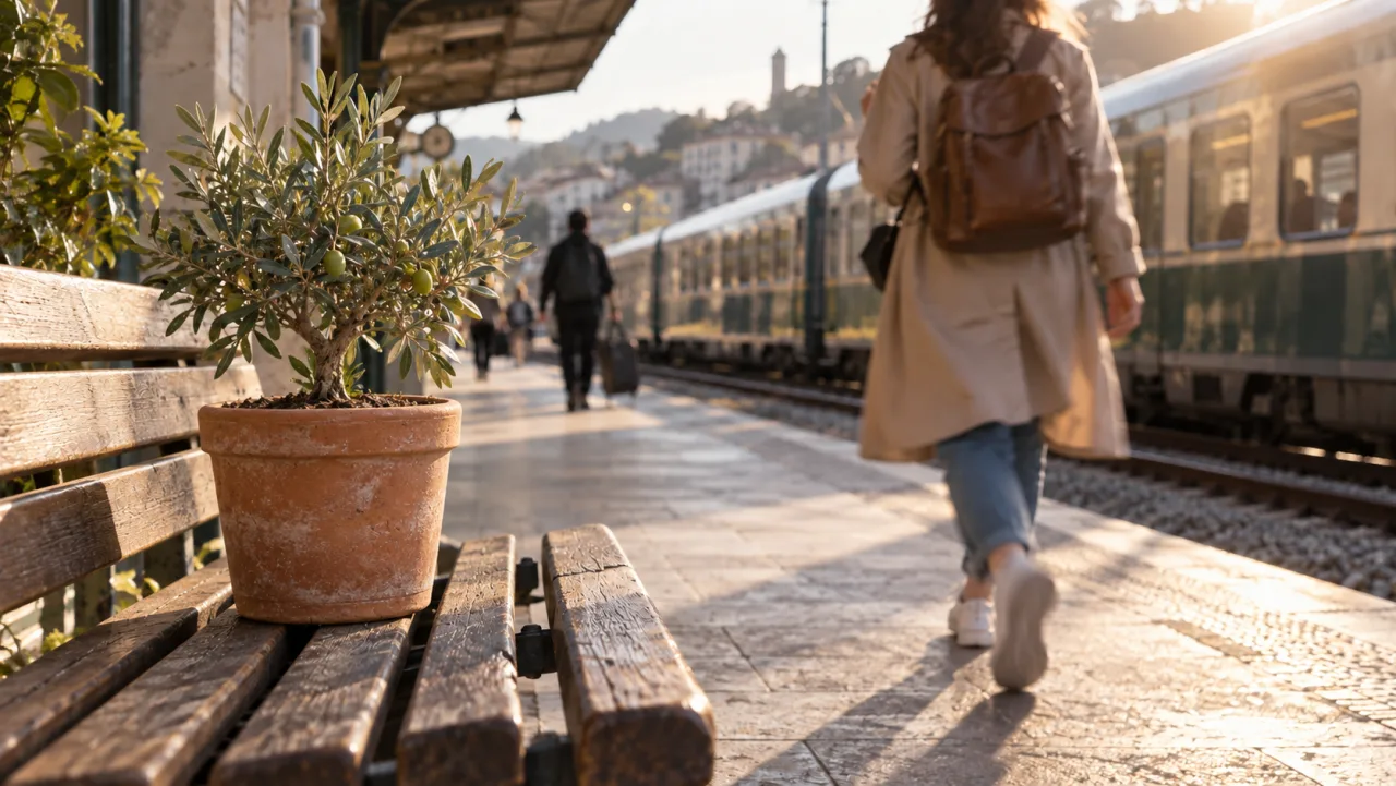 The railway suitcase replaced by a terracotta olive-tree planter
