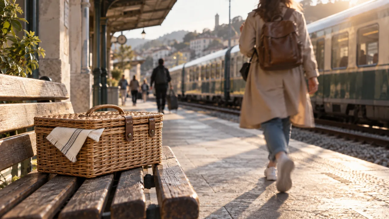 The railway suitcase replaced by a woven picnic basket with preserved bench contact