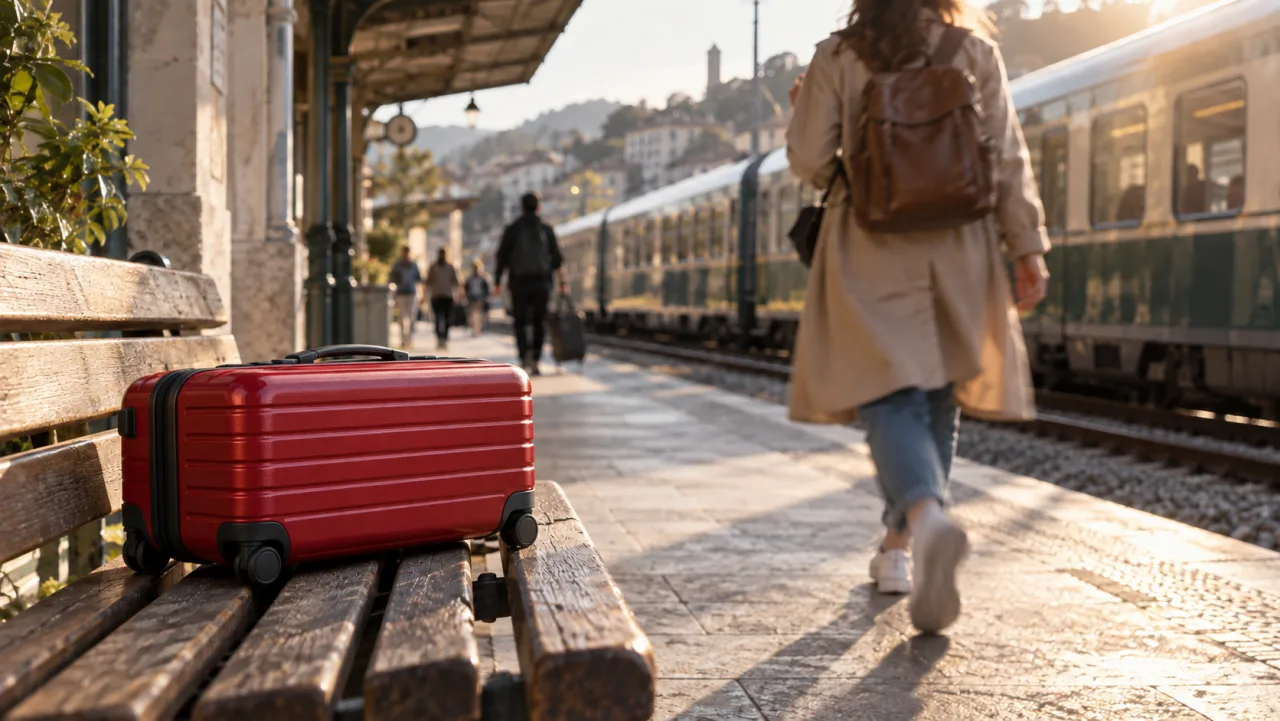 The same railway frame with the blue suitcase replaced by a red hard-shell carry-on
