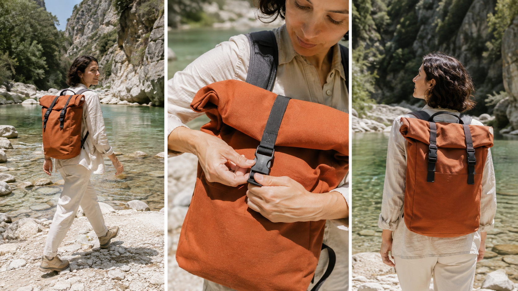 生成的户外营销研究图示:橙色背包在广角、细节与背面构图中的呈现