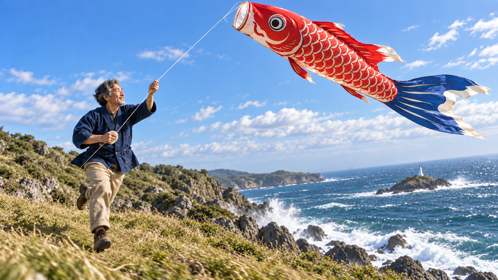 Wide finished-output frame of the kite maker running as the koi rises