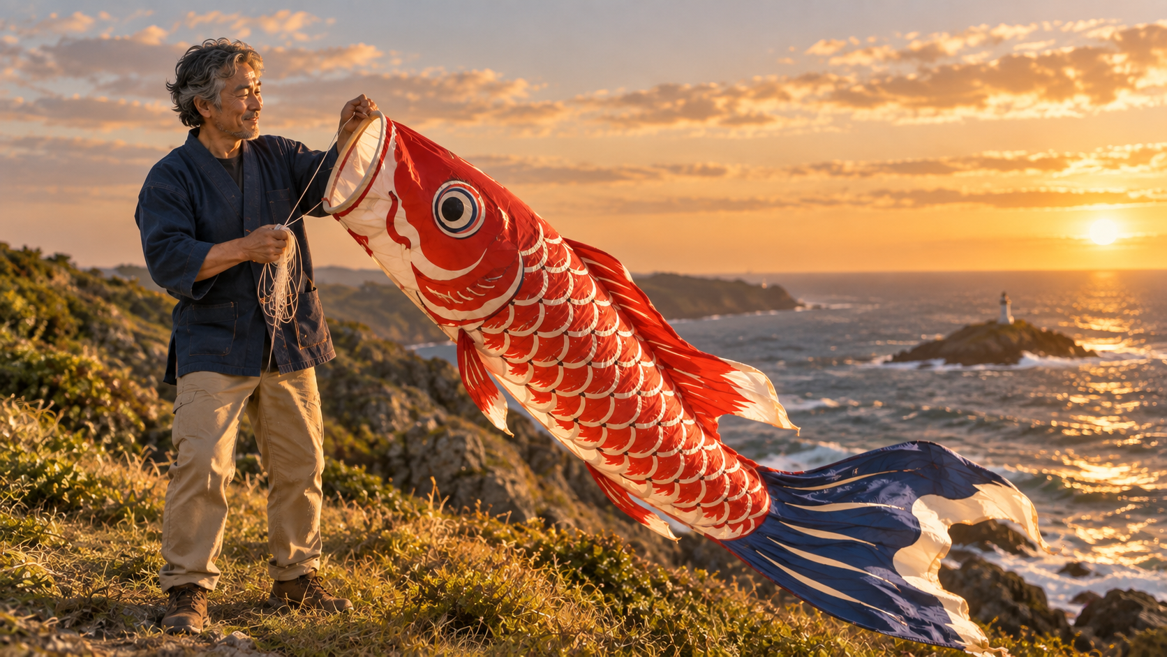 The kite maker catches the same vermilion koi at sunset on the coast