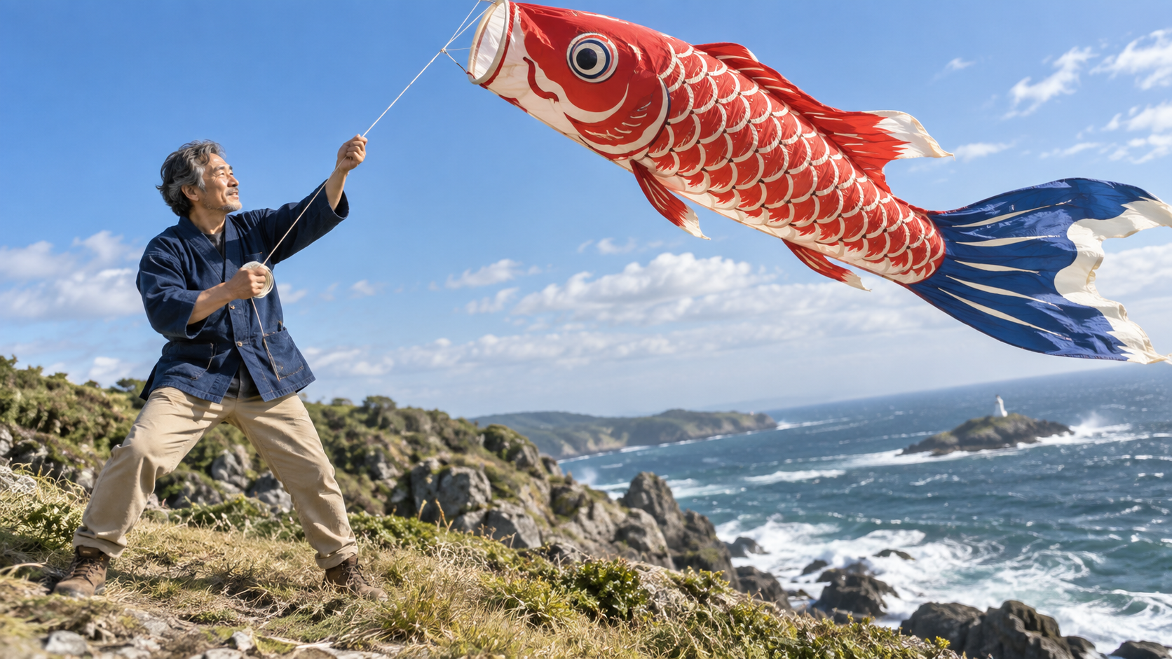 A kite maker launches a large vermilion koi kite over a bright coast