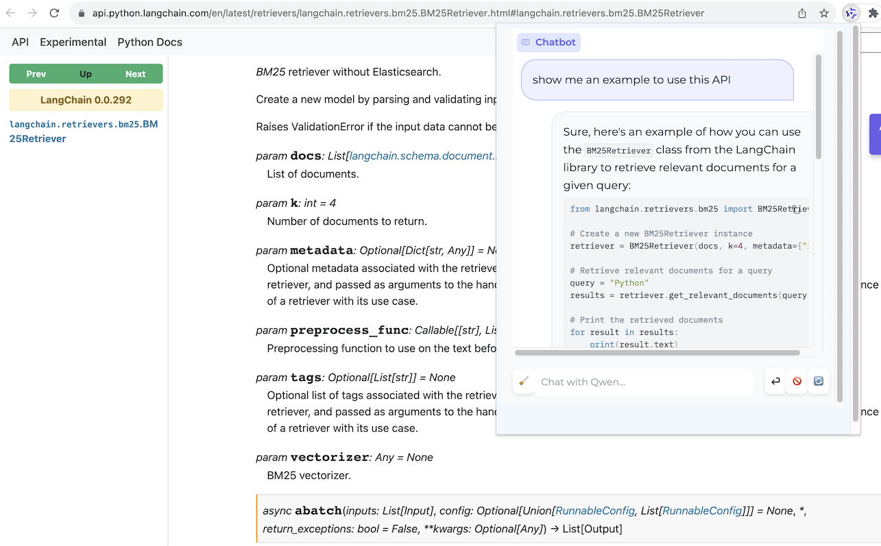 Qwen-Agent browser assistant answering inside a live web page