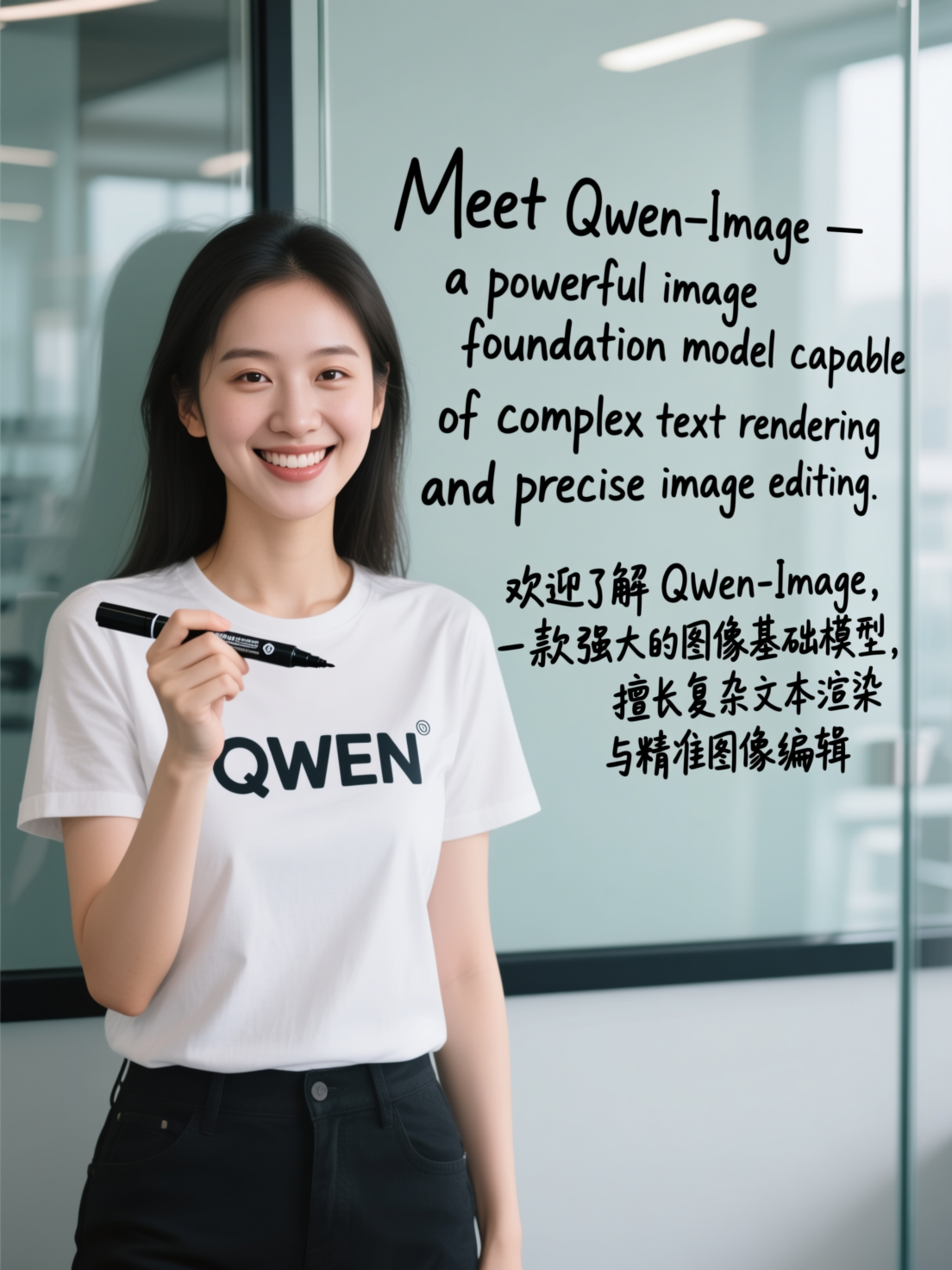 A bilingual Qwen Image release example with English and Chinese writing on a glass board
