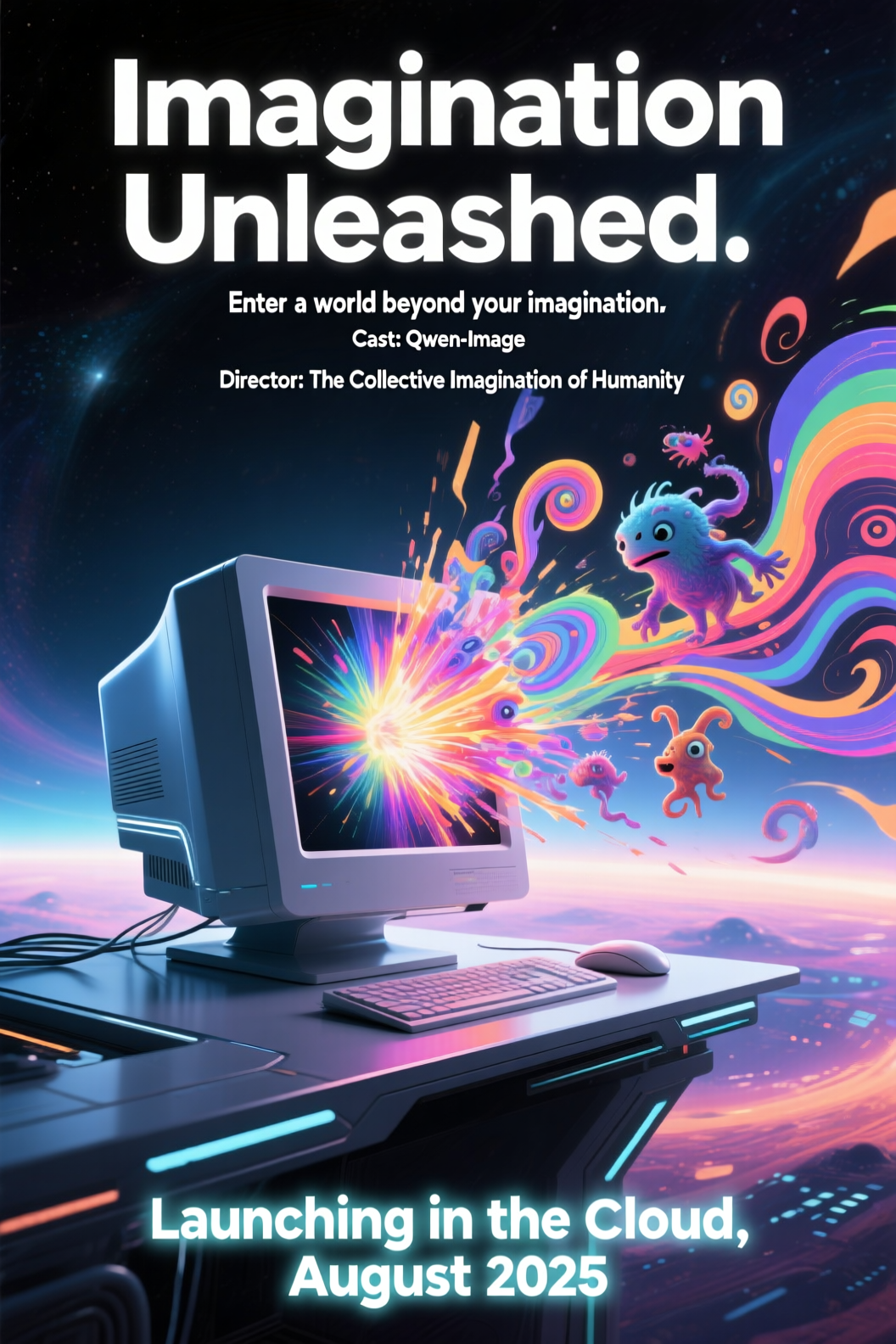 A colorful science-fiction poster generated by Qwen Image
