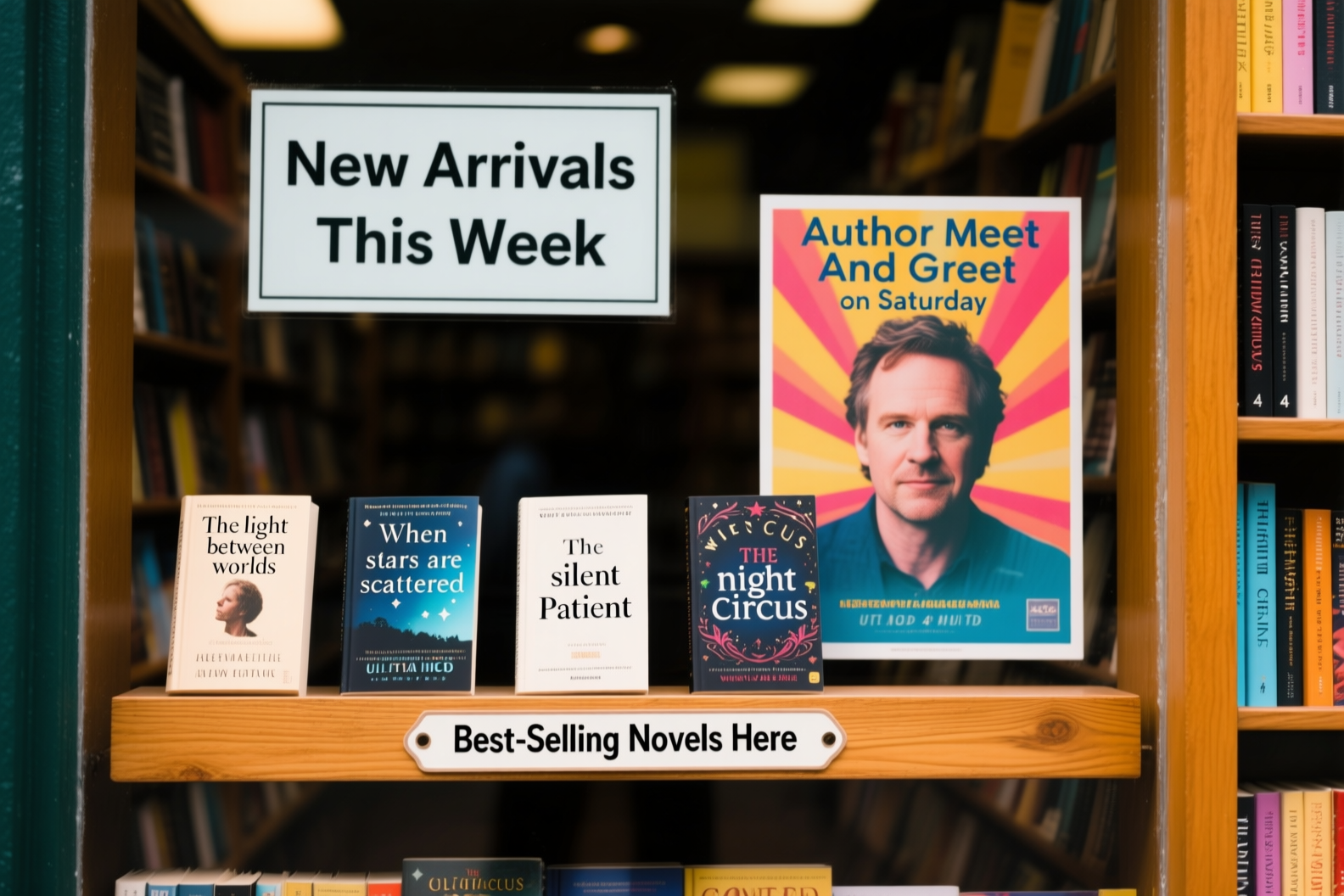 A bookstore display generated by Qwen Image with readable signs and book titles