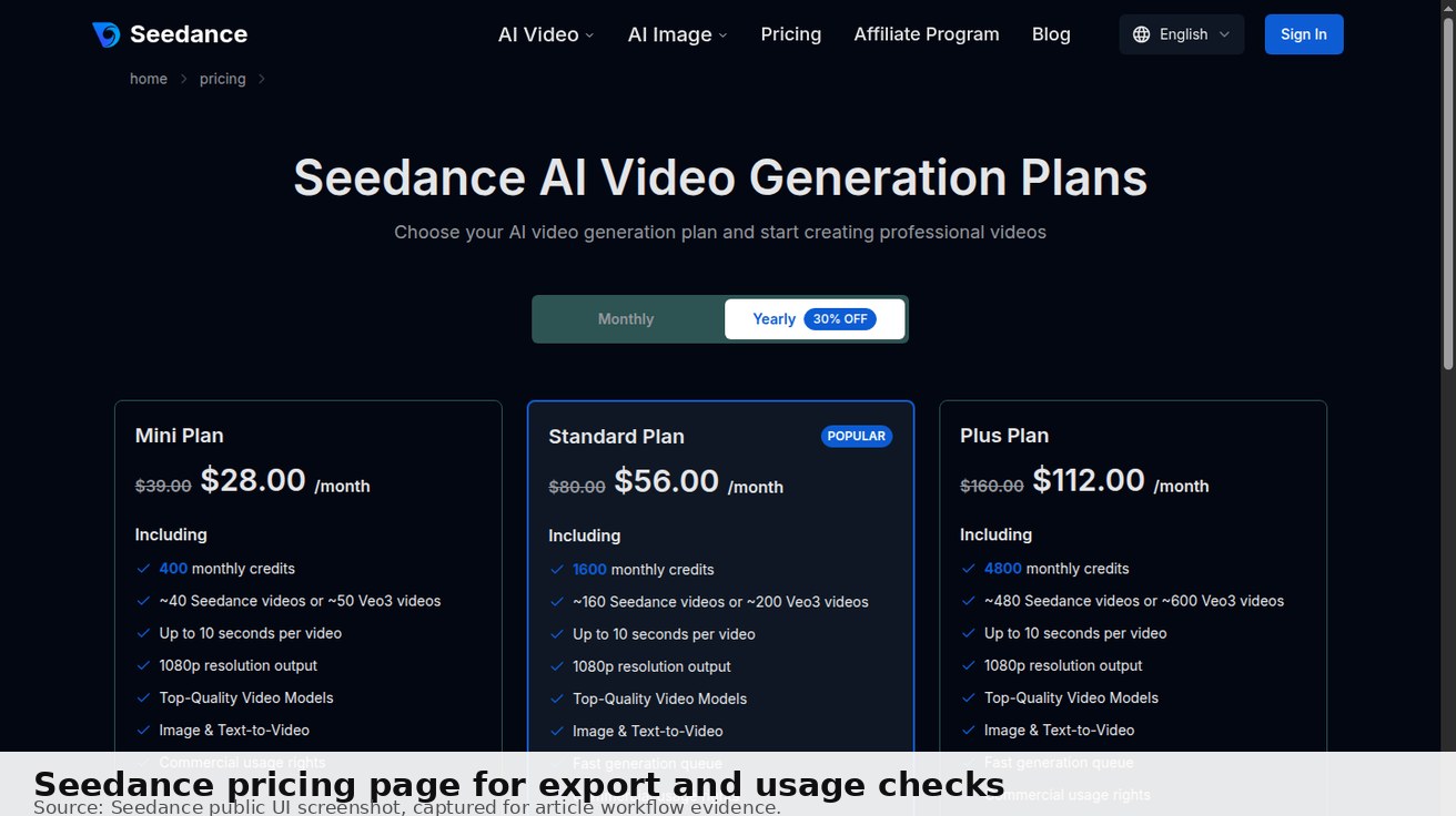 Captura de pantalla de precios de Seedance utilizada para verificar créditos, exportación y reglas de uso antes de publicar clips regenerados. Fuente: página de precios pública de Seedance.