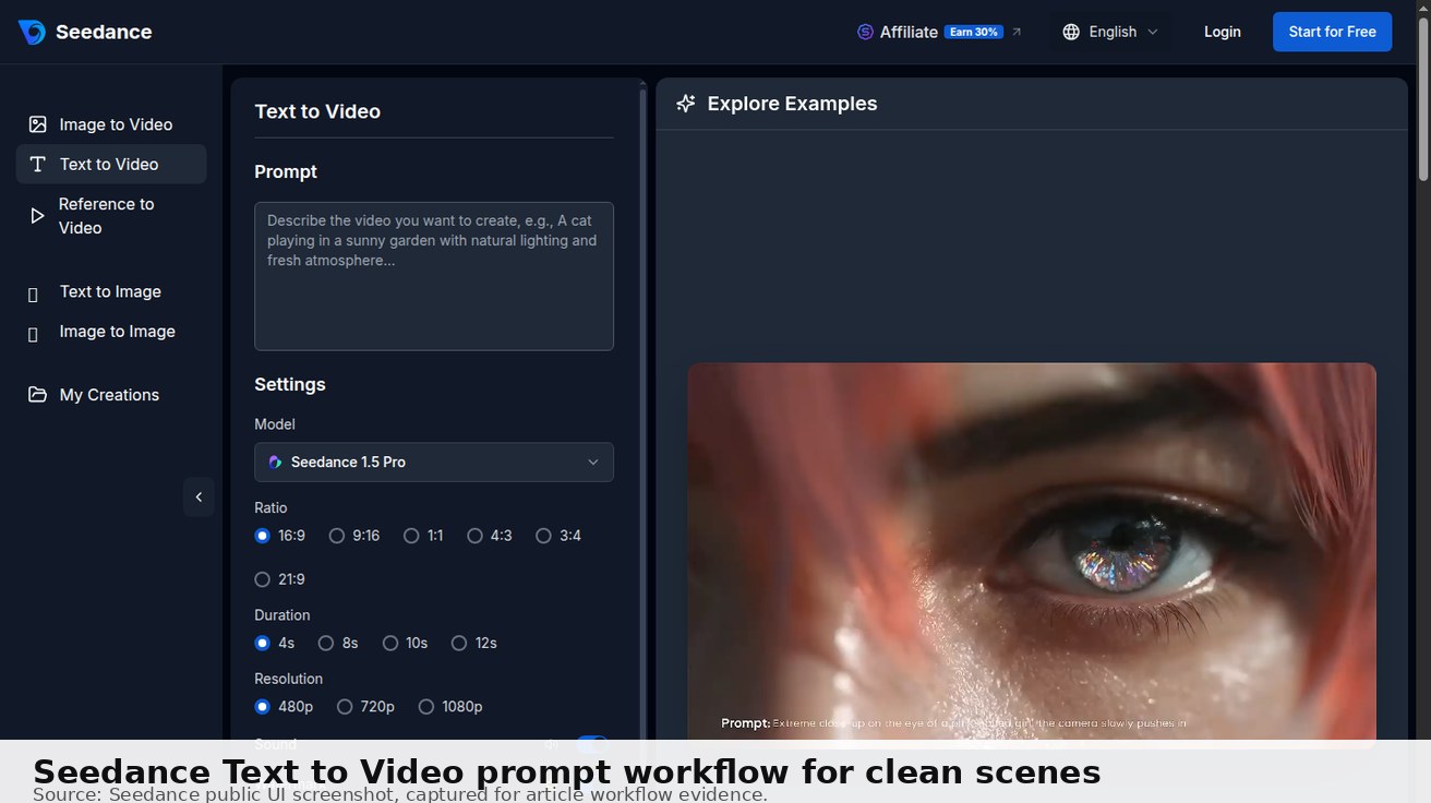 Captura de pantalla de Texto a Video de Seedance mostrando el flujo de trabajo de indicaciones para crear escenas limpias sin objetos no deseados. Fuente: interfaz pública de Seedance.