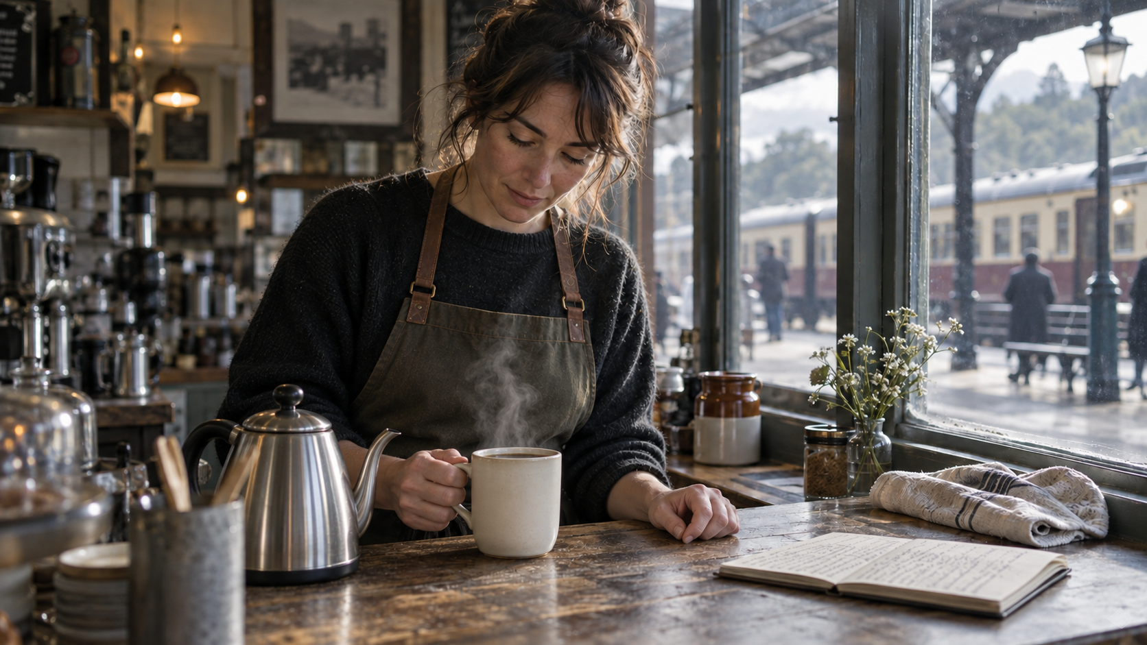 An approved coffee-pour frame with natural light and a clean final composition