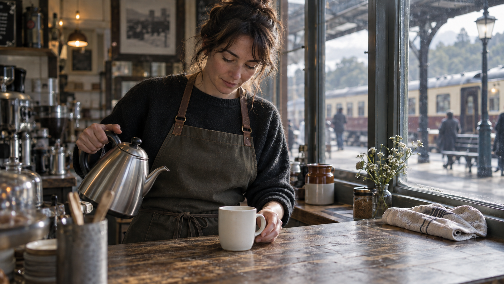 A clean source frame with a barista, kettle, cup, and stable café background