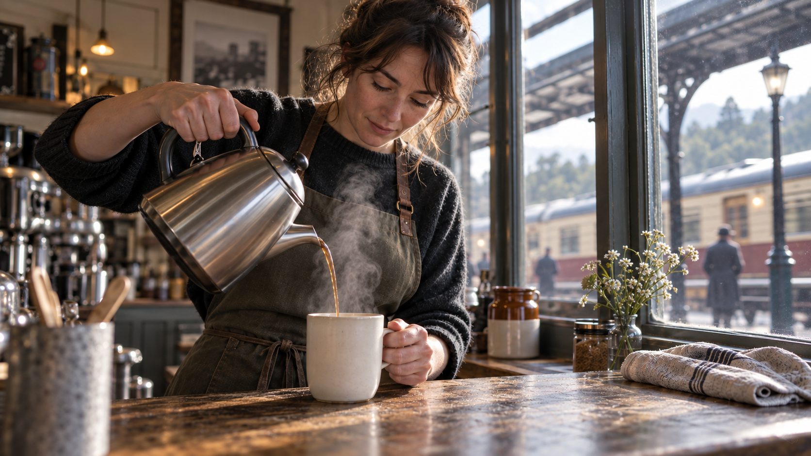 The same barista mid-pour, with readable motion and stable identity