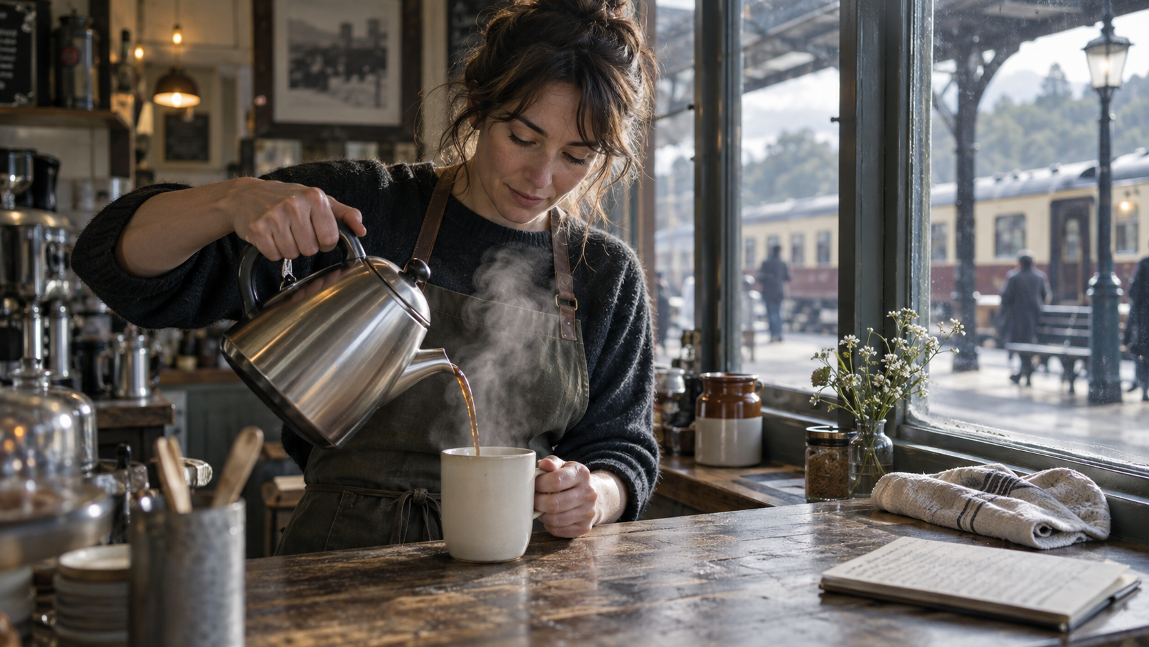 A barista assessing a failed coffee-pour take in a real railway café