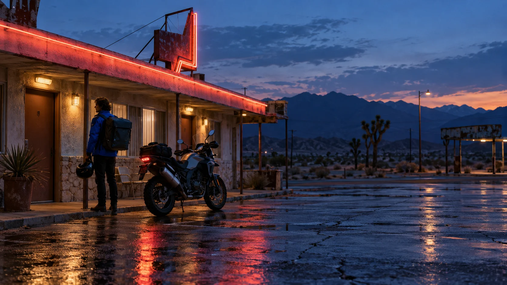 Courier and motorcycle outside a desert motel at blue hour