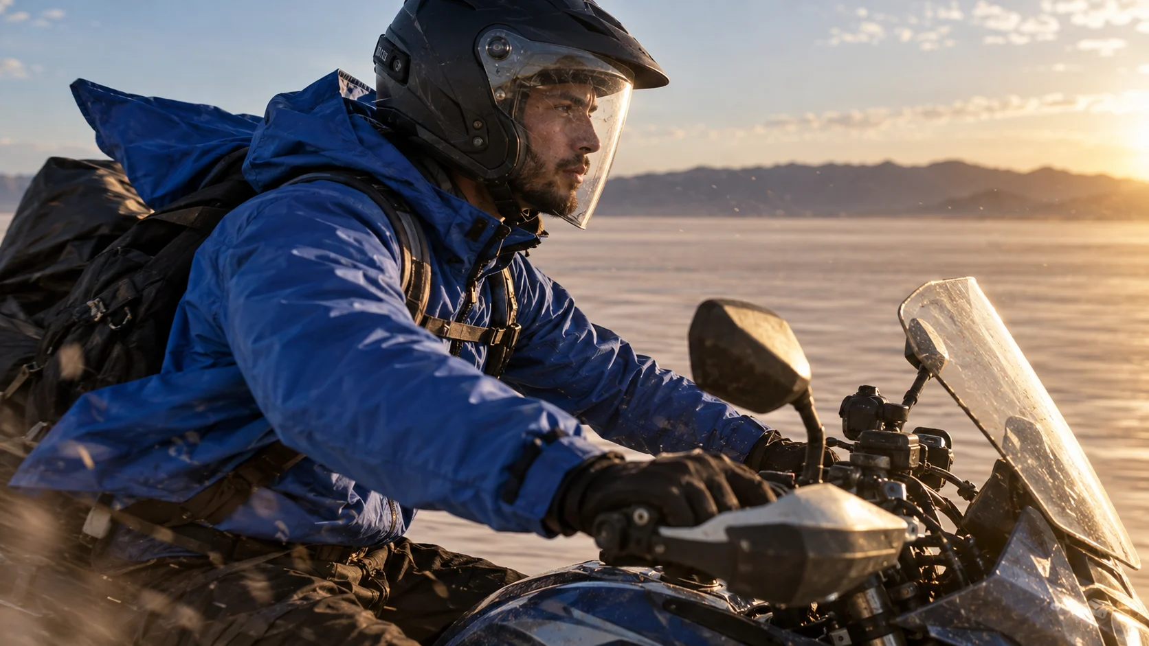 Courier at a desert overlook beside the same motorcycle