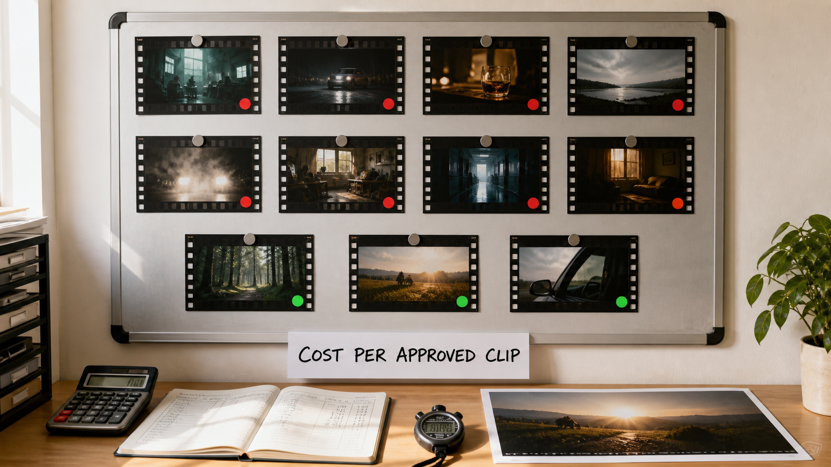 A real agency approval board with nine rejected frames, three approved frames, a calculator, ledger, and stopwatch