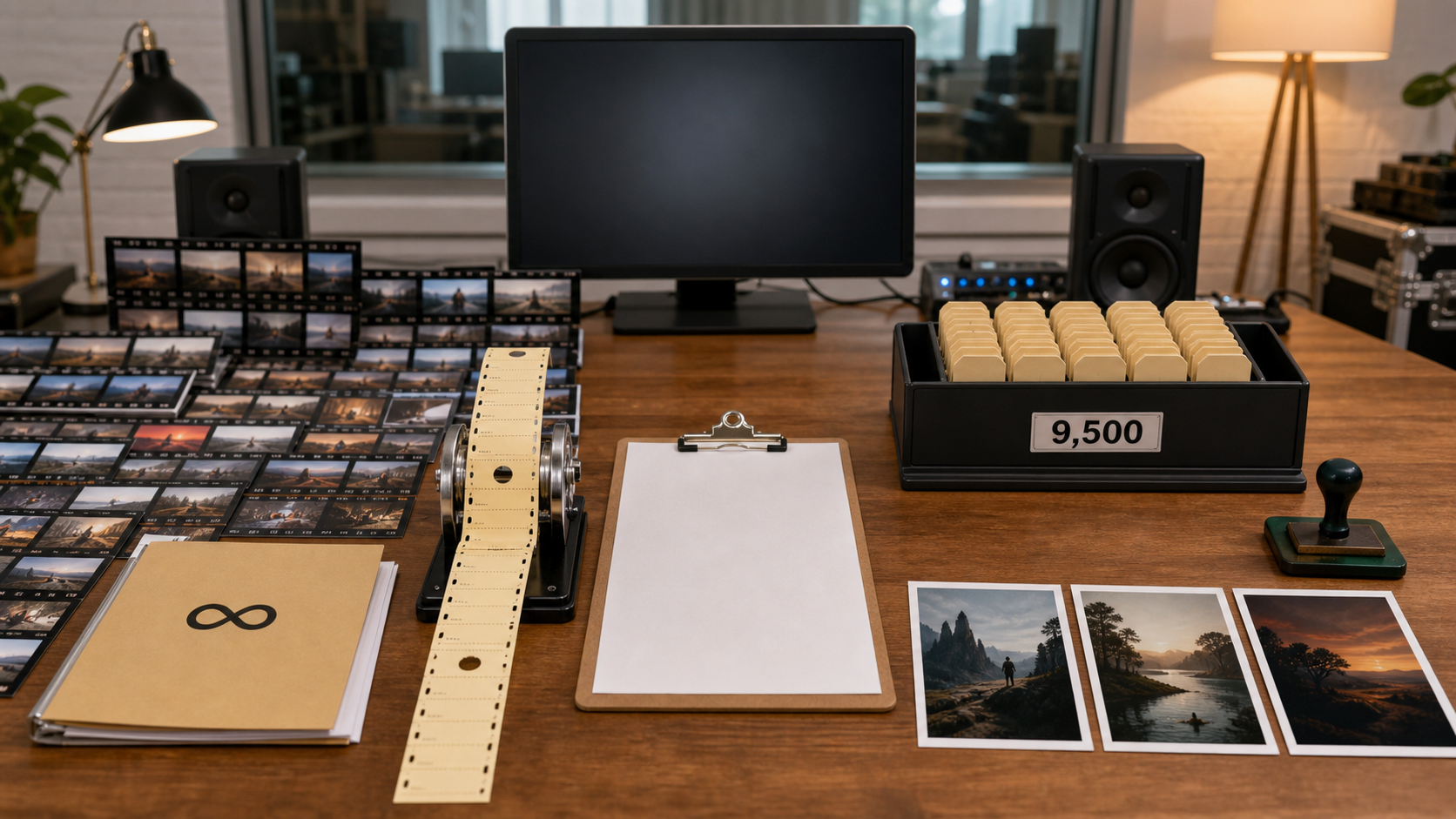 A physical post-production desk comparing open-ended contact-sheet exploration with an organized 9,500-credit workflow