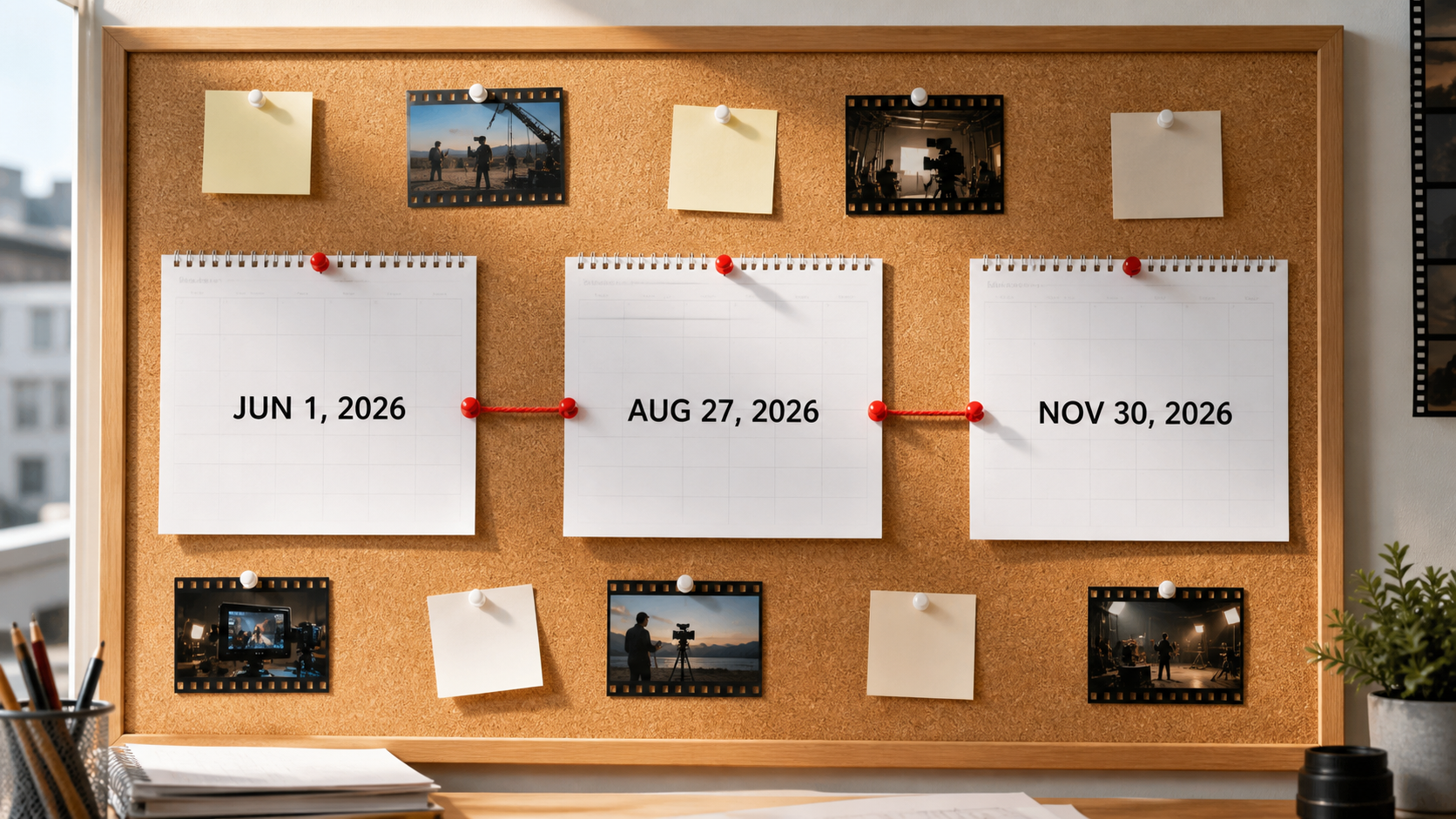 A real production corkboard showing the June 1 launch, August 27 update, and November 30 transition dates