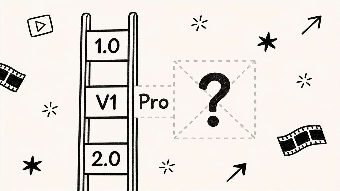Hand-drawn doodle of a version ladder labeled Seedance 1.0, V1 Pro, and 2.0 with a question mark sketched where 1.5 would sit