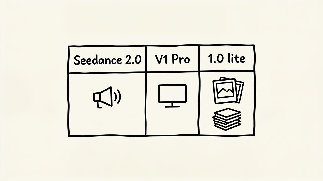 Hand-drawn doodle comparison table of Seedance 2.0, V1 Pro, and 1.0 lite with icons for audio, resolution, and references