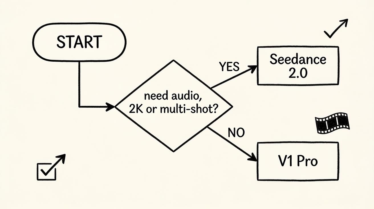 Hand-drawn doodle decision flow: need audio or 2K or multi-shot go to Seedance 2.0, else use V1 Pro
