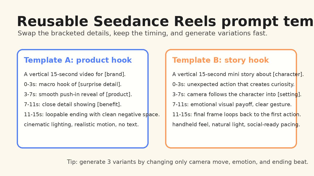 Templates reutilizáveis de prompts Seedance Reels