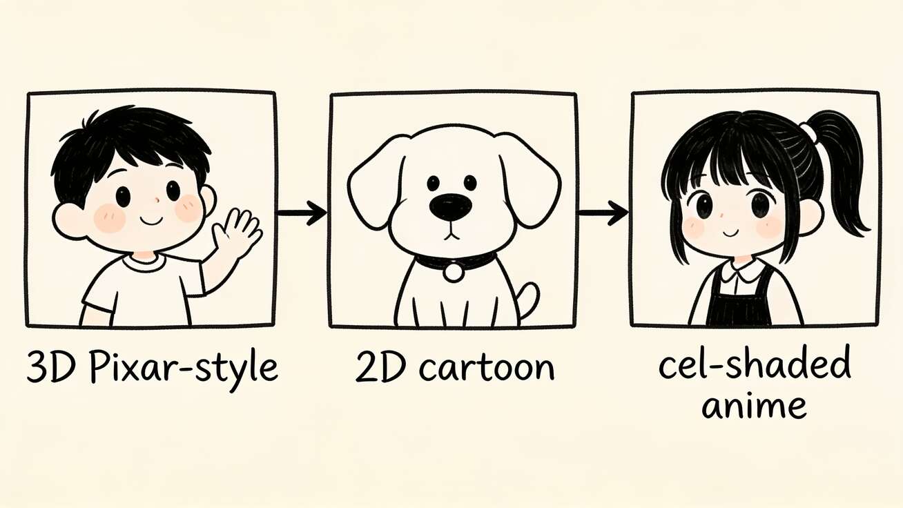 Doodle comparing three Seedance 2.0 animation styles: a 3D Pixar-style character, a flat 2D cartoon mascot, and a cel-shaded anime character.