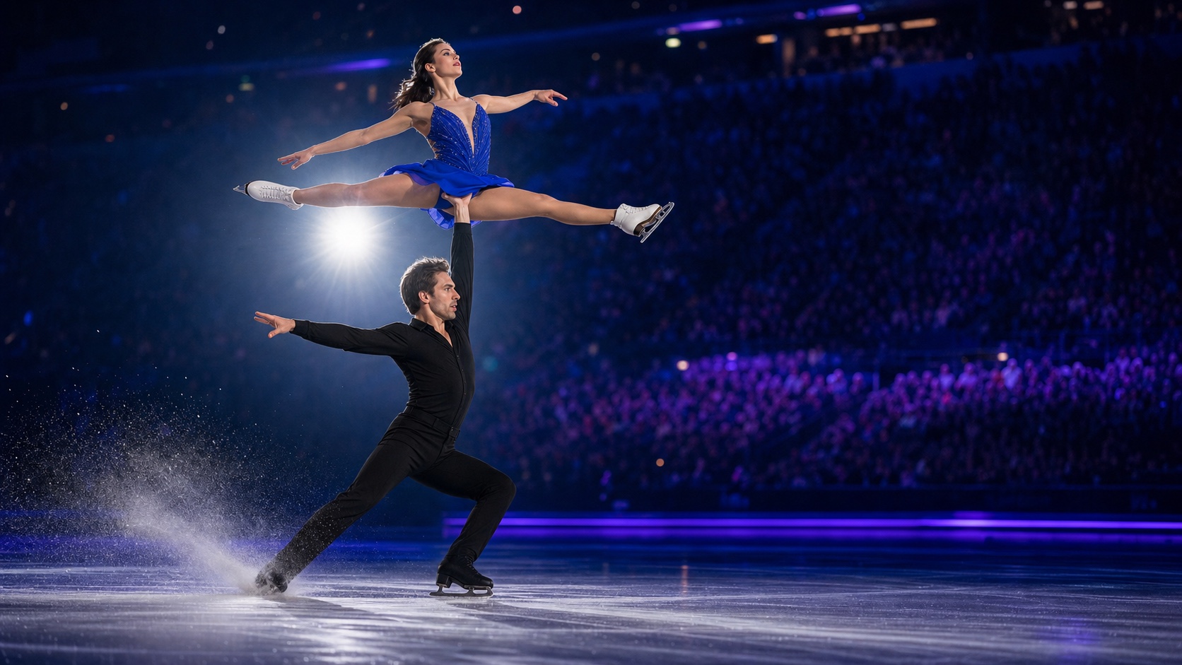 Dramatische Paarlauf-Lift-Szene unter blauen und violetten Arena-Lichtern