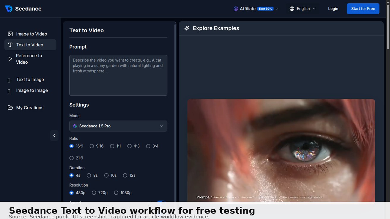Captura de pantalla de Seedance Texto a Video mostrando entrada de prompt y configuración de generación para pruebas gratuitas. Fuente: Interfaz pública de Seedance.