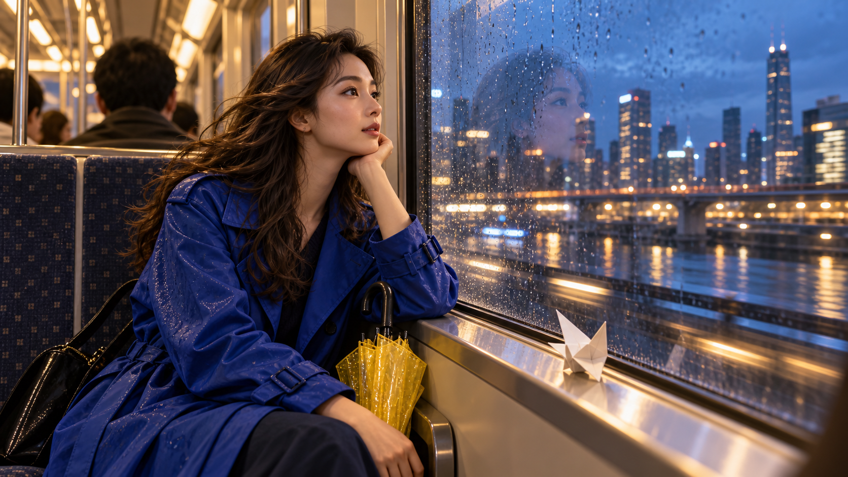 黄色の折りたたまれた傘と紙の鳥を手にした旅行者が列車内に座っている様子