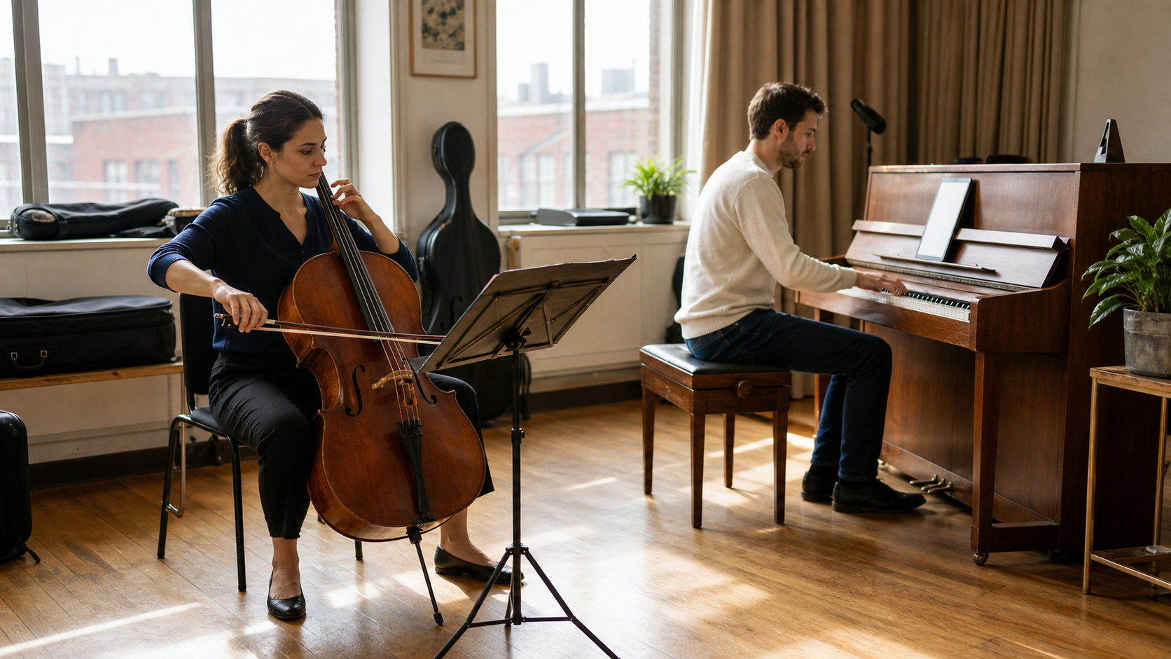 A complete generated multi-reference consistency frame of a cellist and pianist rehearsing in natural daylight