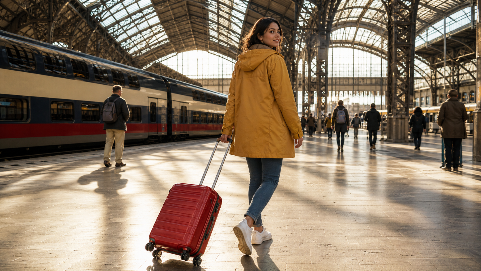 A complete cinematic benchmark frame of a traveler in a mustard raincoat moving through a bright train station with a red suitcase