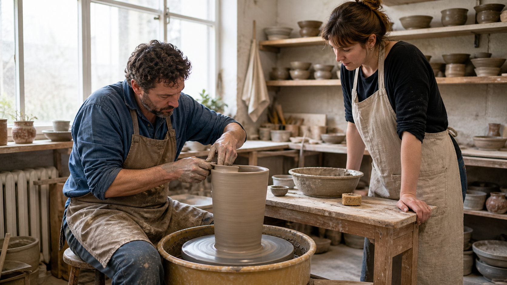 A complete photorealistic benchmark frame of a ceramic artist shaping a clay vessel while an assistant steadies the worktable