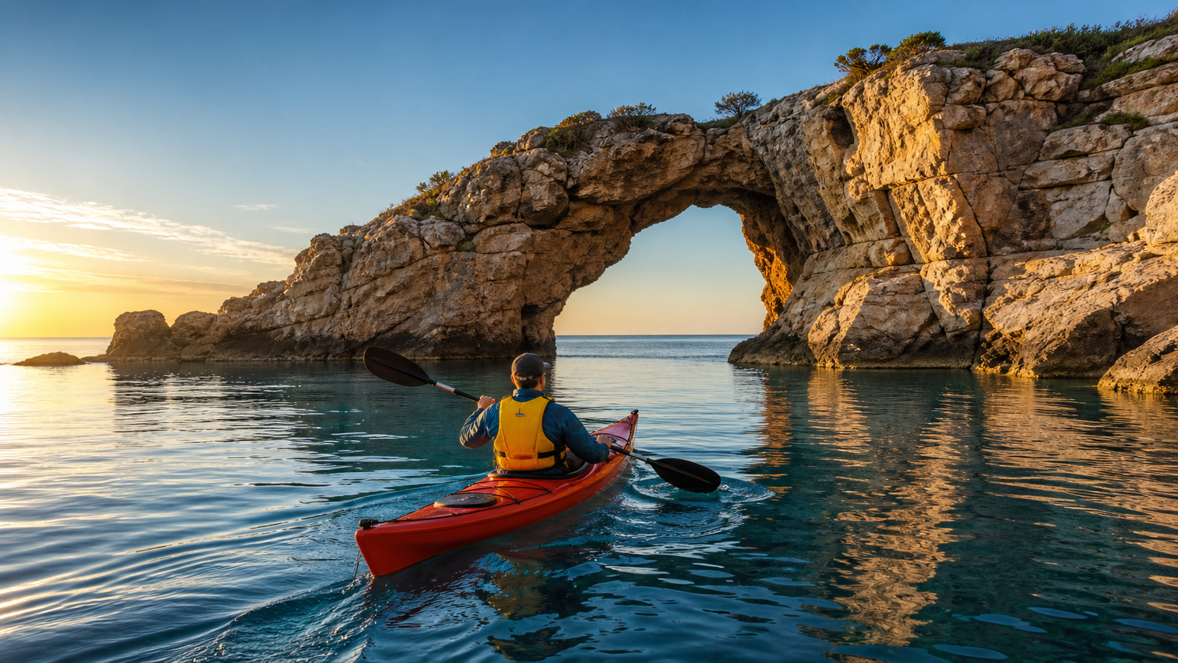 A complete generated endpoint frame of a red kayak moving toward a coastal stone arch at sunrise