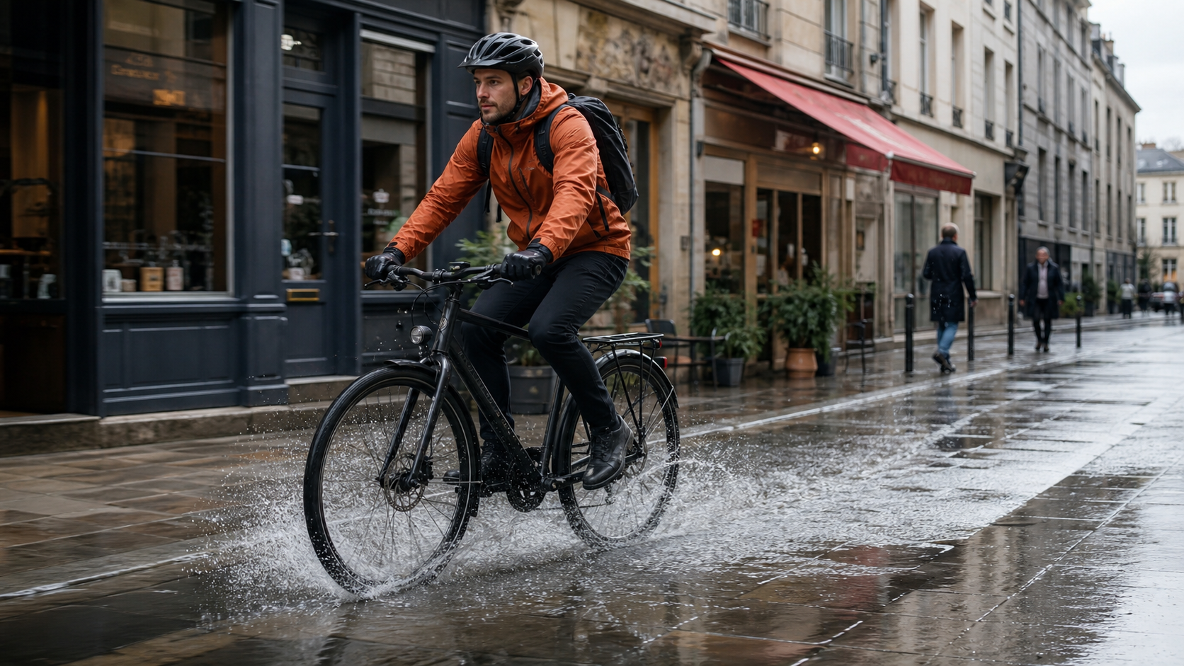 A complete generated motion-test frame of a cyclist crossing a wet street with realistic wheel contact and water movement
