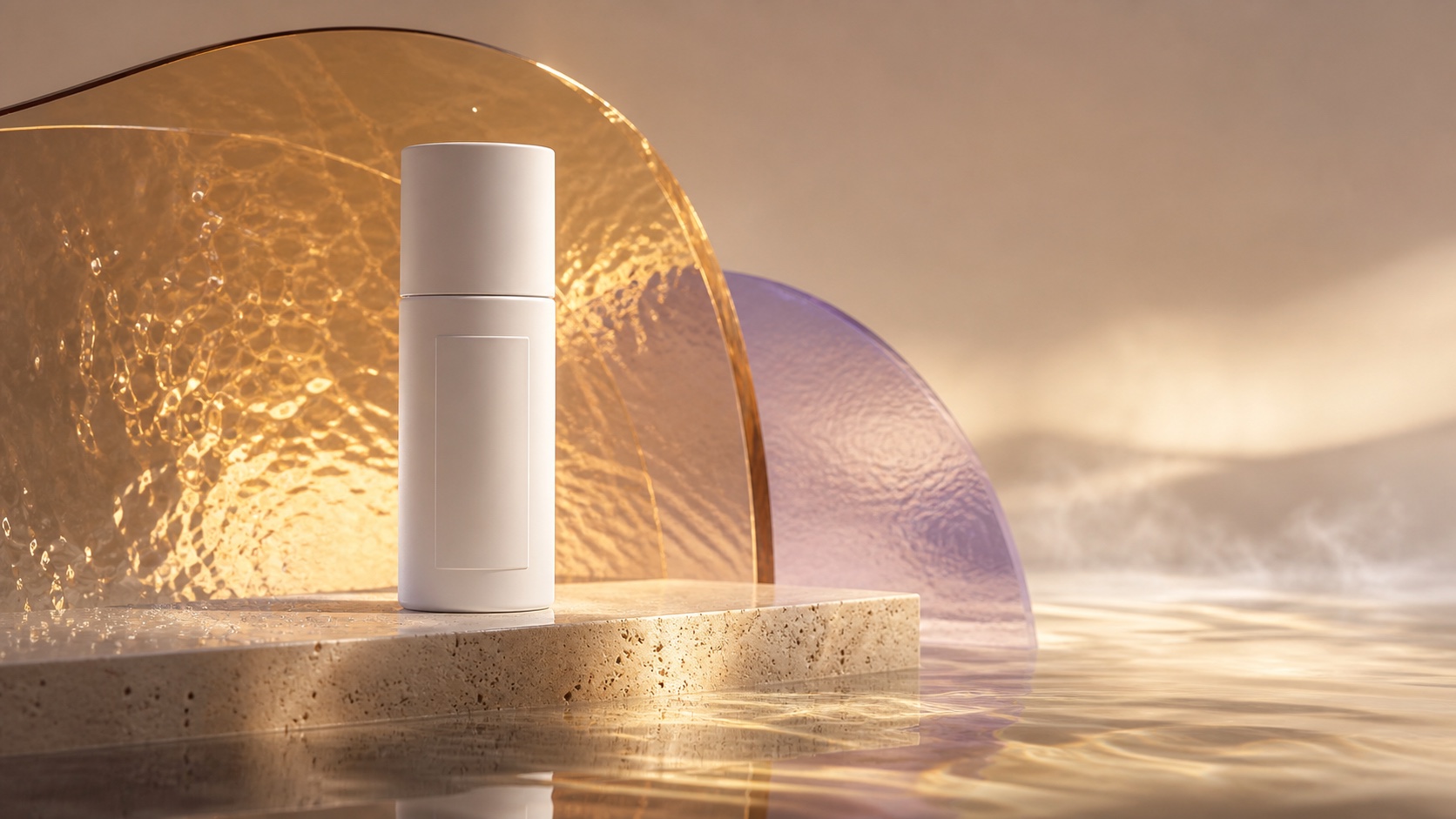 Premium-weiße Skincare-Flasche mit Travertin, reflektierendem Wasser und geschwungenem bernsteinfarbenem und lavendelfarbenem Glas
