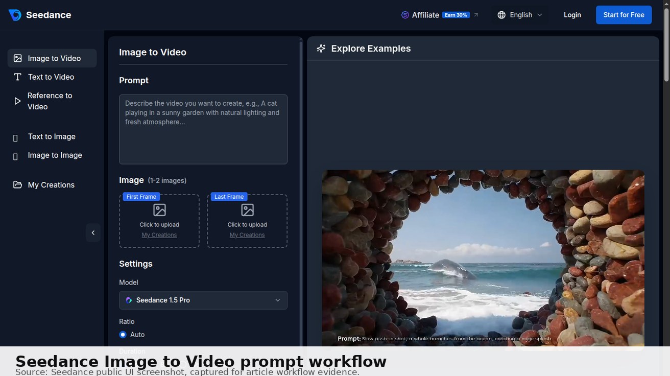 Seedance Image to Video prompt workflow screenshot showing first frame upload, prompt input, and model settings. Source: Seedance public UI.