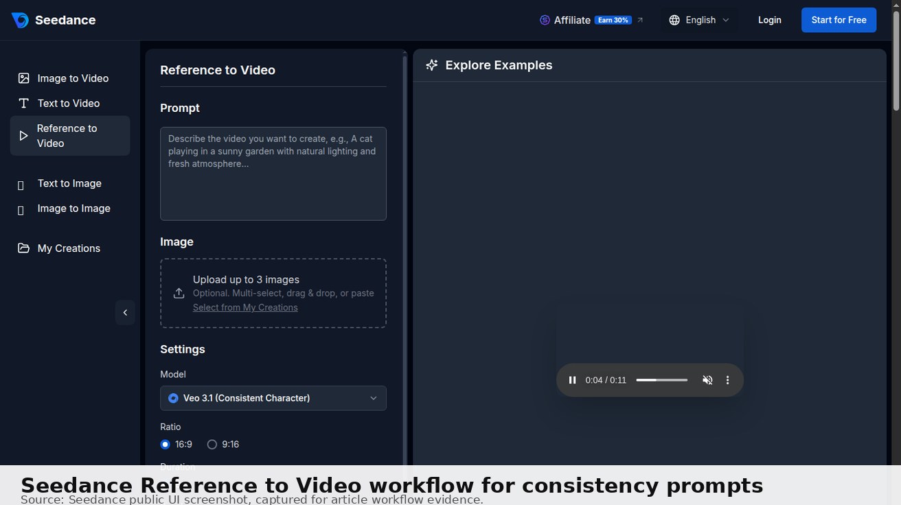 Seedance Reference to Video screenshot showing reference-image workflow for consistency prompts. Source: Seedance public UI.